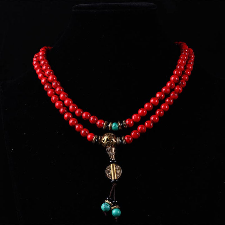 Buddha Stones Mala Tibetano Turchese Rosso Collana Fortunata Bracciale - image 3