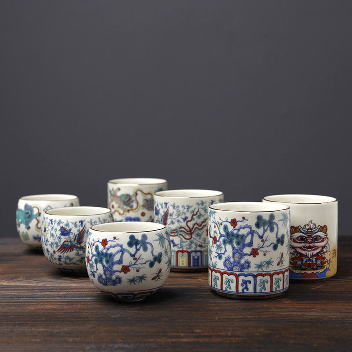 Buddha Stones Vintage Prugna Fiore Pino Bambù Fenice Kirin Leone Danzante Tazza da Tè in Ceramica Tazze da Tè