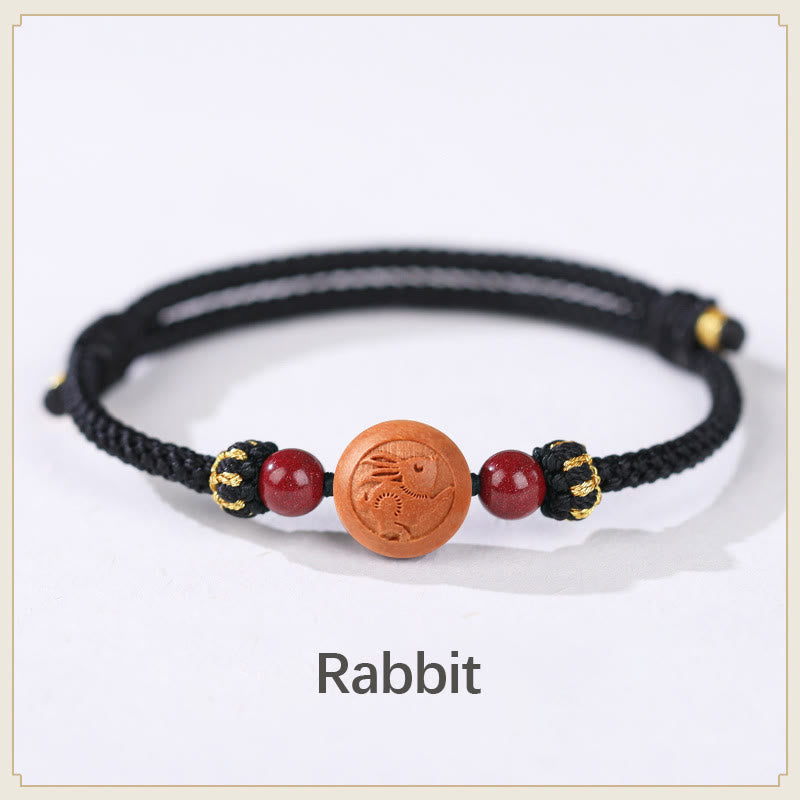 Braccialetto della ricchezza in cinabro intagliato con carattere dello zodiaco cinese Fu in legno di pesca naturale Buddha Stones - Coniglio nero (circonferenza del polso 14-18 cm) - image 15