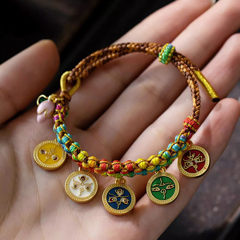 Braccialetto intrecciato con corda colorata tibetana Buddha Stones Five God of Wealth Luck
