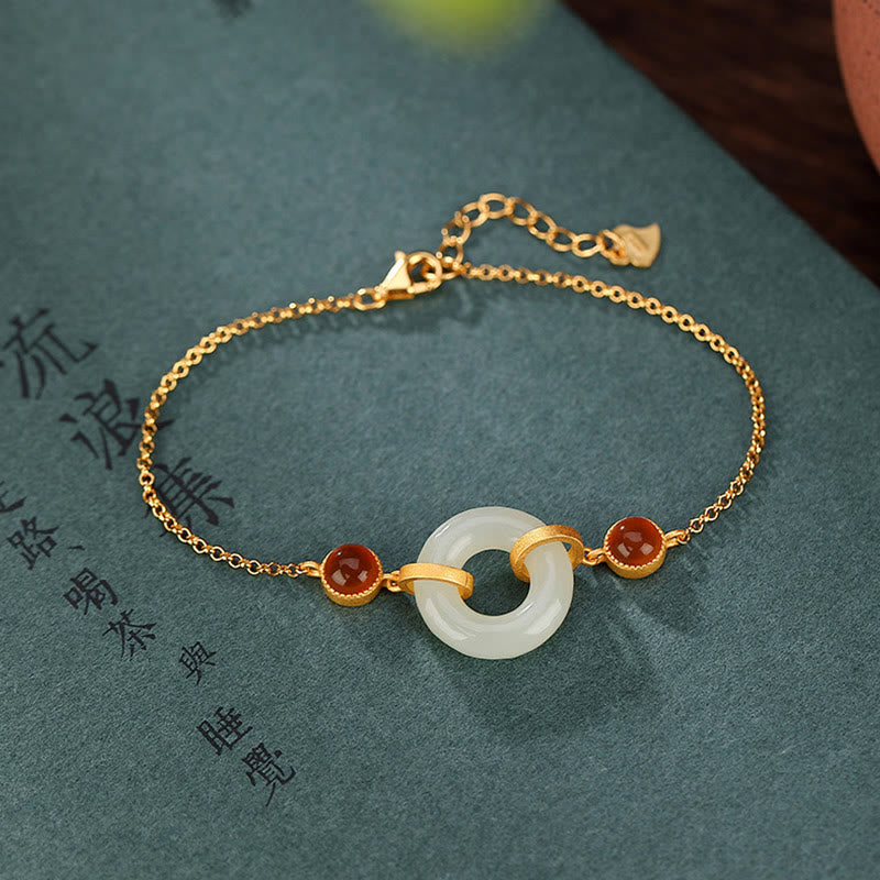 Braccialetto della fortuna in agata rossa con fibbia della pace in giada naturale Hetian, argento Buddha Stones 925 placcato oro - Giada Hetian (Prosperità ♥ Abbondanza) (Misura braccialetto 16+3 cm) - image 0