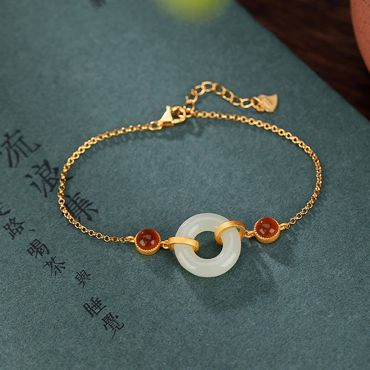 Braccialetto della fortuna in agata rossa con fibbia della pace in giada naturale Hetian, argento Buddha Stones 925 placcato oro - Giada Hetian (Prosperità ♥ Abbondanza) (Misura braccialetto 16+3 cm) - image 0