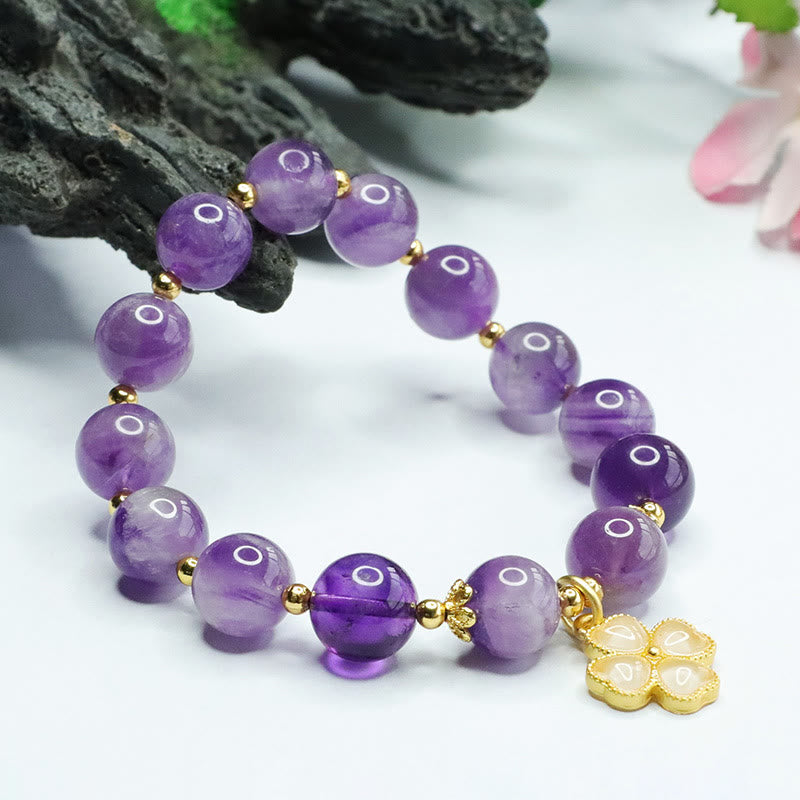 Bracciale con ciondolo a forma di quadrifoglio Buddha Stones, cristallo di ametista naturale e pace interiore