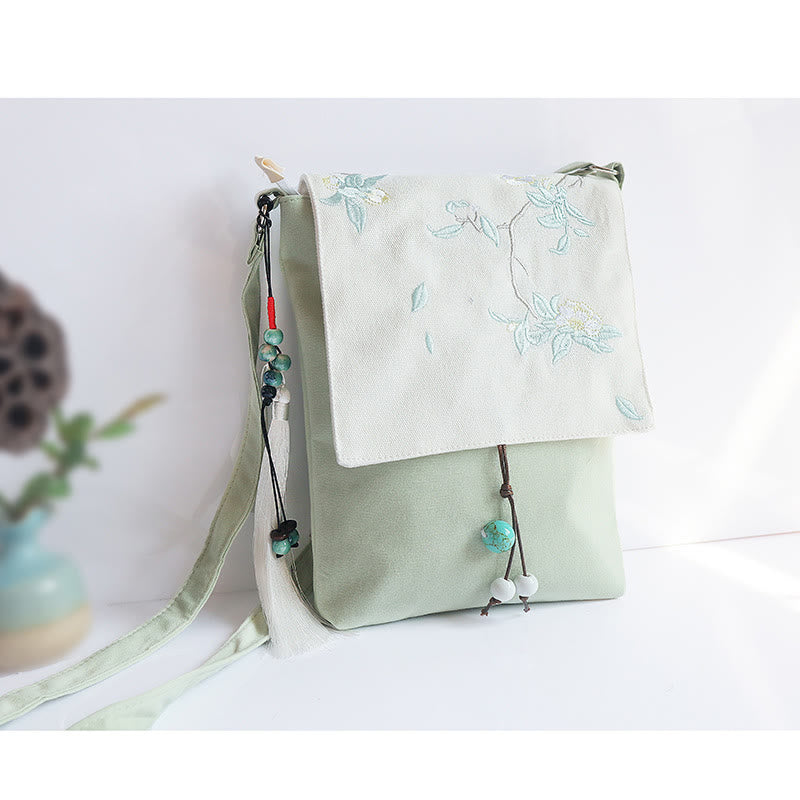 Borsa a tracolla in tela con fiori di prugna ricamati a mano , Buddha Stones, borsa a tracolla