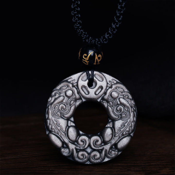 Buddha Stones con ciondolo con fibbia della pace in argento naturale lucido ossidiana doppia PiXiu moneta di rame - image 6