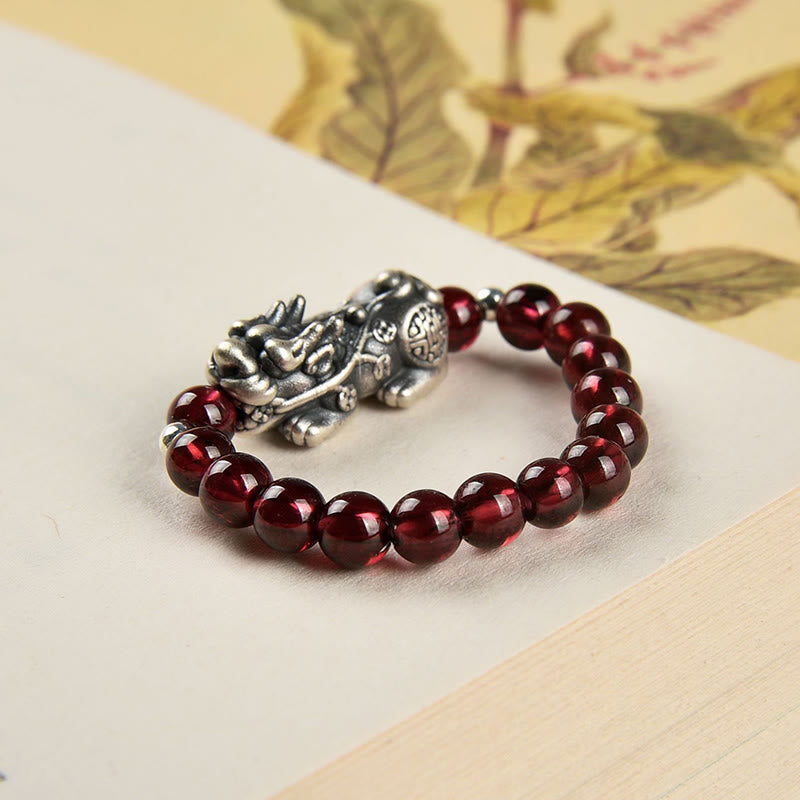 Buddha Stones 925 Sterling Silver Granato Naturale Pietra di Luna Agata Rossa Anello PiXiu Wealth