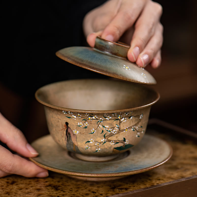 Buddha Stones Jingdezhen dipinte a mano Ru Kiln porcellana Hanfu ragazza fiore ceramica Gaiwan Sancai tazza da tè Kung Fu tazza da tè e piattino con coperchio