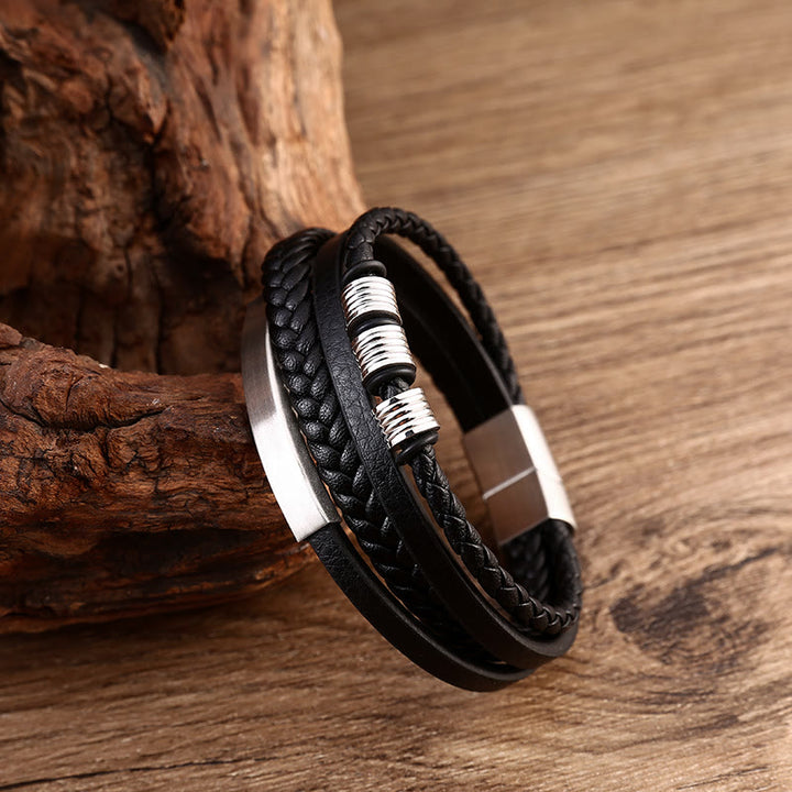 Bracciale con fibbia magnetica intrecciata in acciaio al titanio multistrato in pelle Buddha Stones