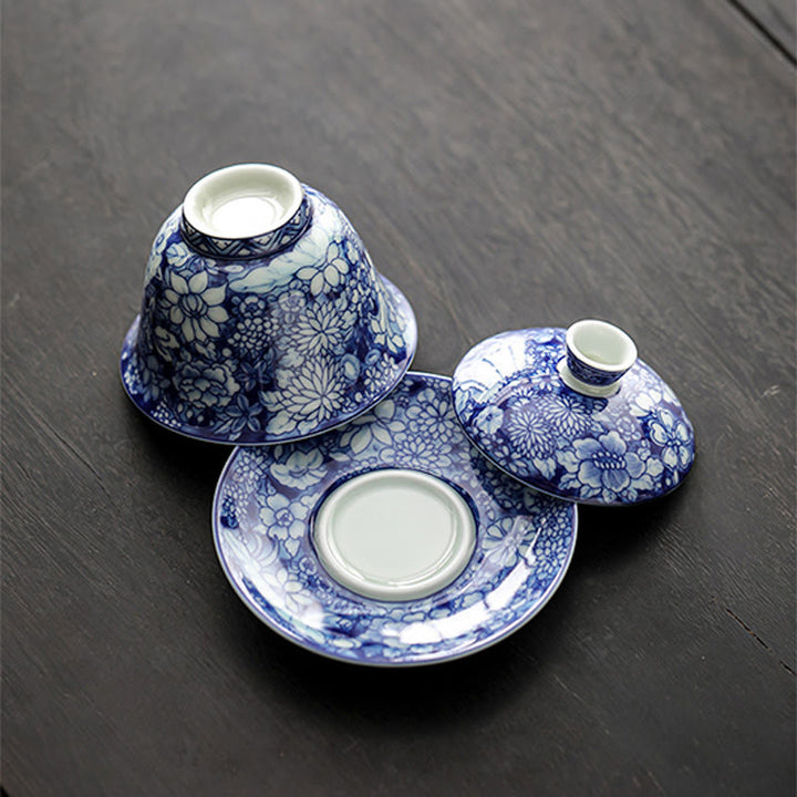 Buddha Stones Vintage Blu e Bianco Porcellana Ceramica Gaiwan Sancai Tazza da Tè Kung Fu Tazza da Tè e Piattino con Coperchio