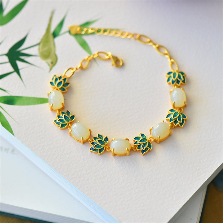 Braccialetto di protezione del loto in giada bianca e giada ciano Buddha Stones