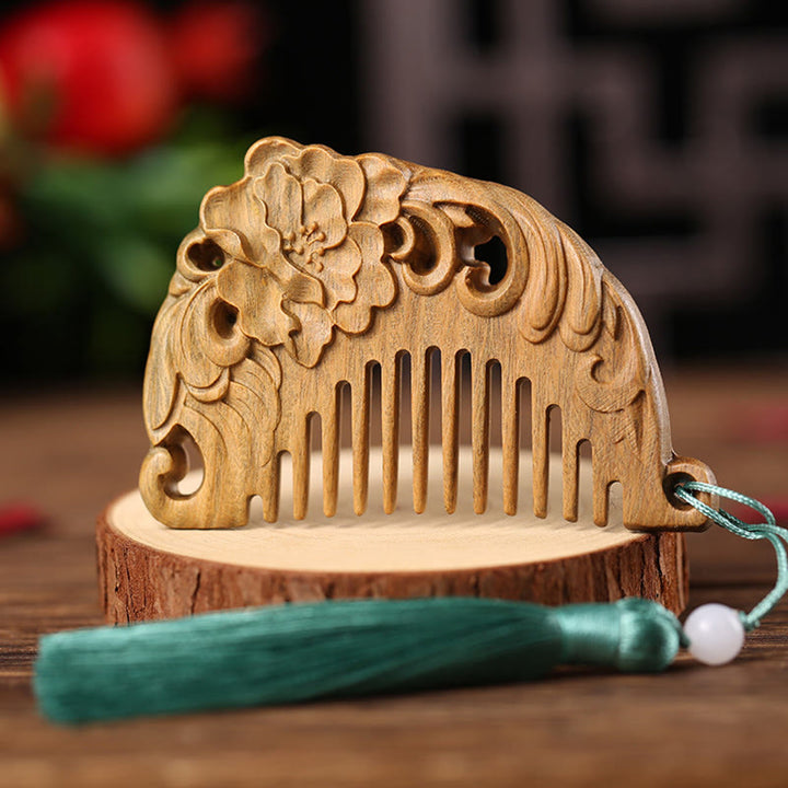 Pettine con nappa di cura inciso a forma di fiore di peonia volpe sandalo verde
