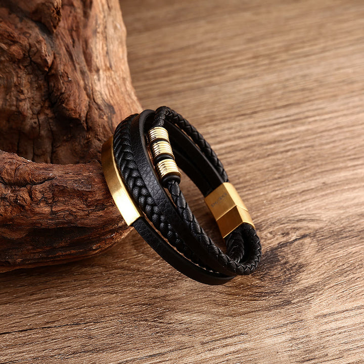 Bracciale con fibbia magnetica intrecciata in acciaio al titanio multistrato in pelle Buddha Stones