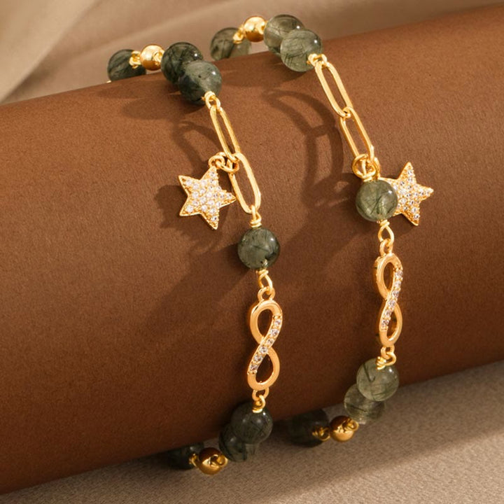 Bracciale Buddha Stones in rame placcato oro 14k con quarzo rutilato verde e anello Möbius, protezione della stella dell'amore eterno - image 4