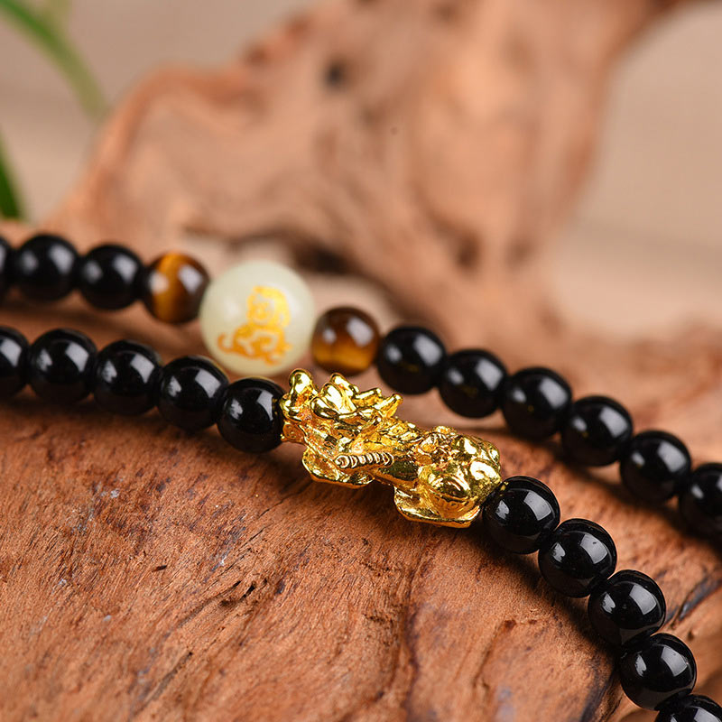 Bracciale Mala di protezione PiXiu in ossidiana con Buddha Stones e zodiaco cinese
