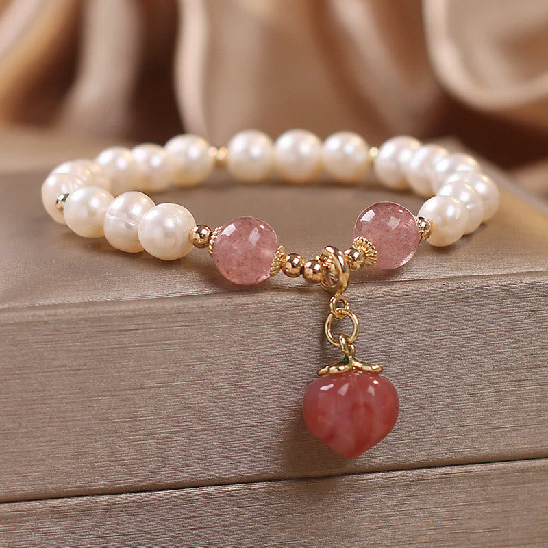 Bracciale con ciondolo a forma di cuore, amore, saggezza, perle naturali, quarzo fragola e pesca Buddha Stones