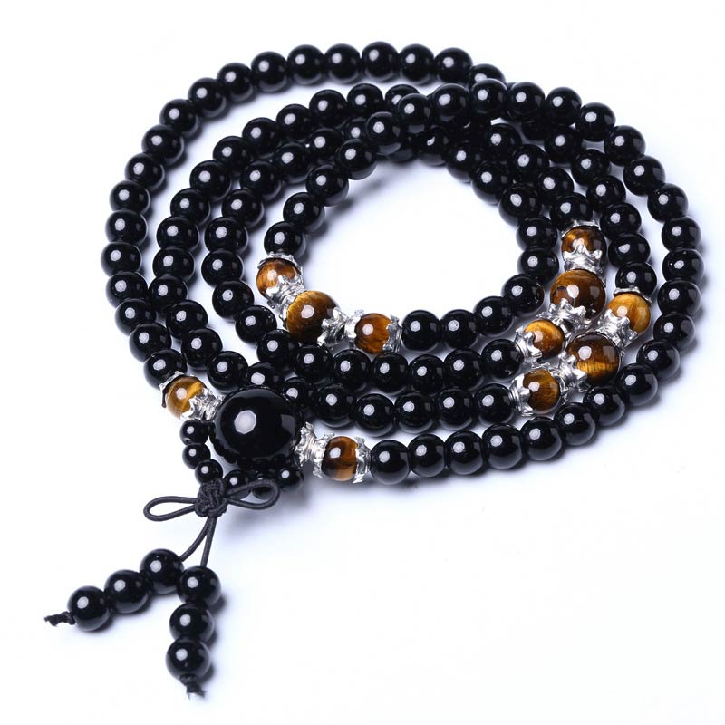 Buddha Stones Bracciale Mala con 108 perle in ossidiana nera naturale e occhio di tigre - image 10