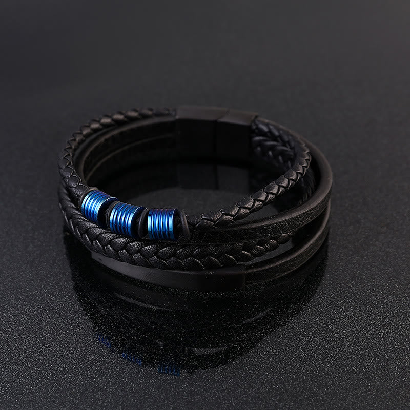 Bracciale con fibbia magnetica intrecciata in acciaio al titanio multistrato in pelle Buddha Stones