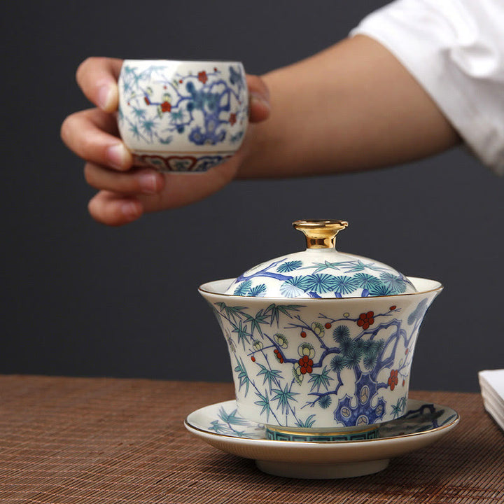 Buddha Stones Retro Prugna Fiore Pino Bambù Fenice Kirin Ceramica Gaiwan Sancai Tazza da tè Kung Fu Tazza da tè e piattino con coperchio