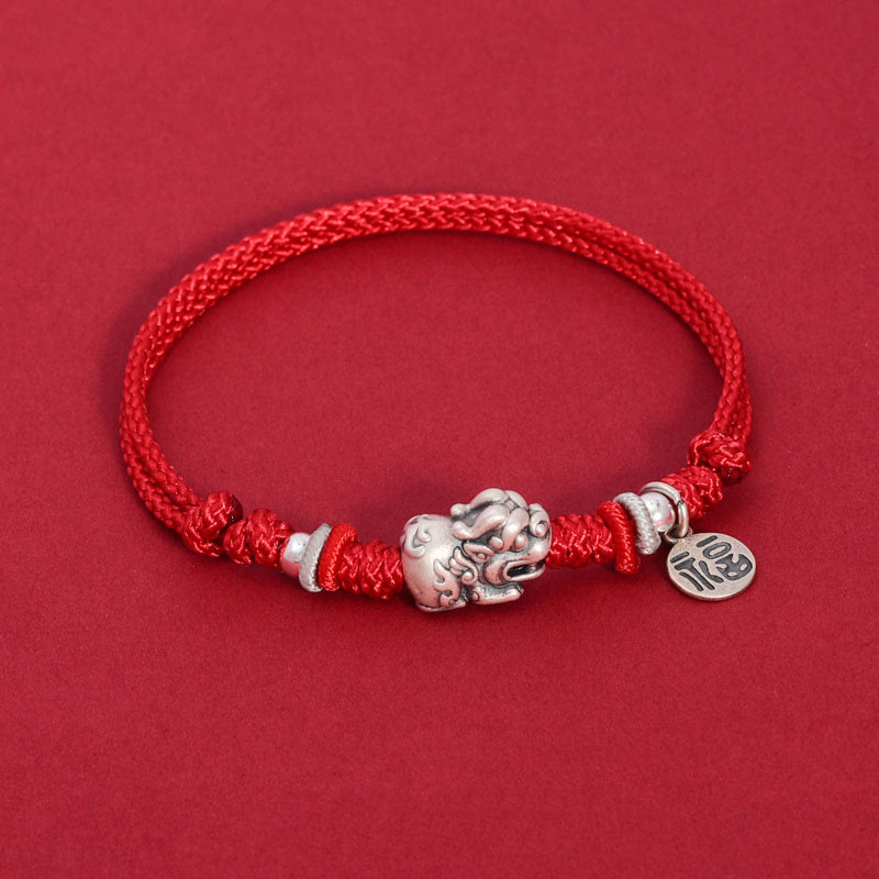 Bracciale intrecciato fatto a mano in argento sterling 925 con carattere PiXiu Fu , Buddha Stones - Corda rossa (circonferenza del polso 14-17 cm) - image 1