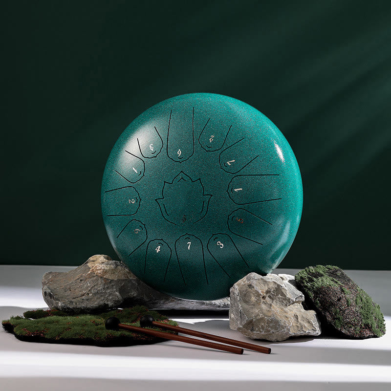 Buddha Stones Steel Tongue Drum Sound Healing Mindfulness Lotus Pattern Yoga Drum Kit 13 Note 12 Pollici Strumento a percussione