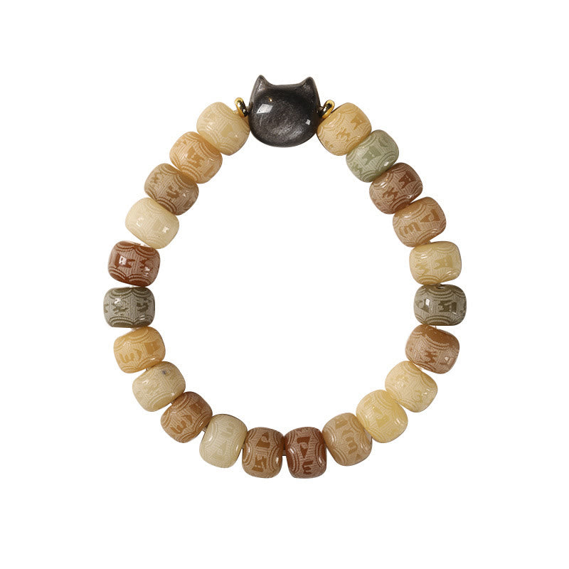 Buddha Stones Semi di Bodhi Argento Lucentezza Ossidiana Testa di Gatto Om Mani Padme Hum Braccialetto Armonia Inciso - image 7