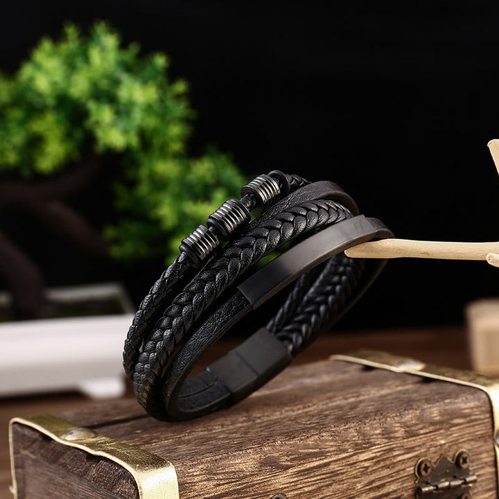 Bracciale con fibbia magnetica intrecciata in acciaio al titanio multistrato in pelle Buddha Stones