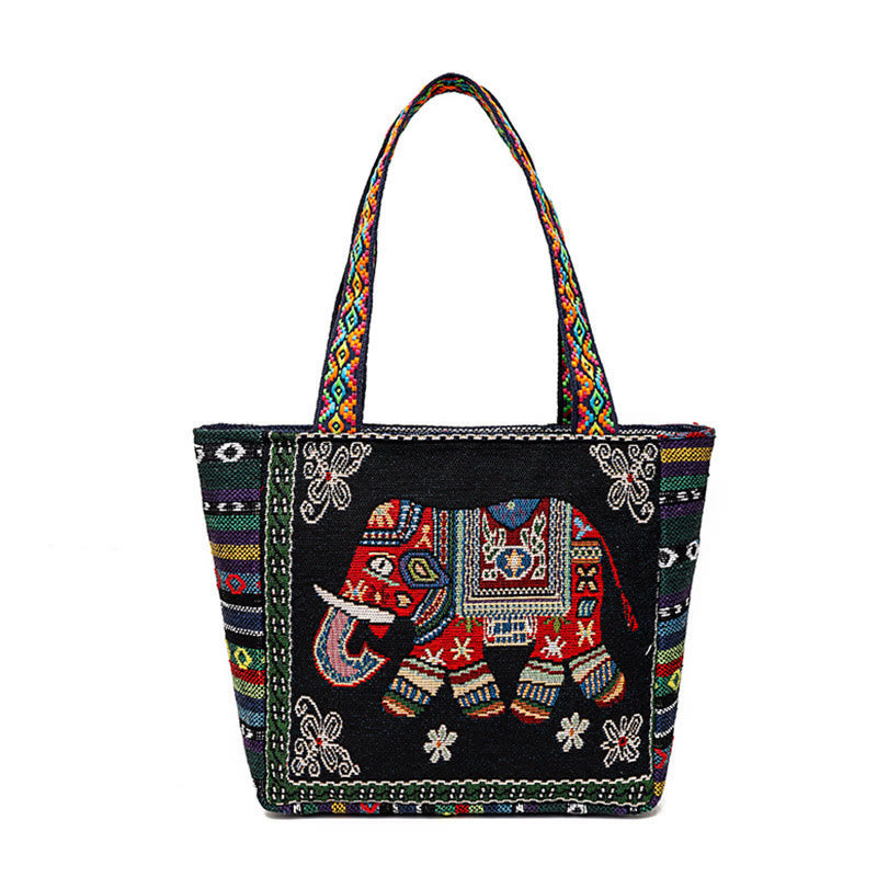 Borsa a tracolla in tela di grande capacità ricamata con elefante e farfalla , Buddha Stones