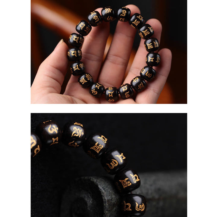 Braccialetto della pace inciso Buddha Stones in legno di ebano tibetano Om Mani Padme Hum