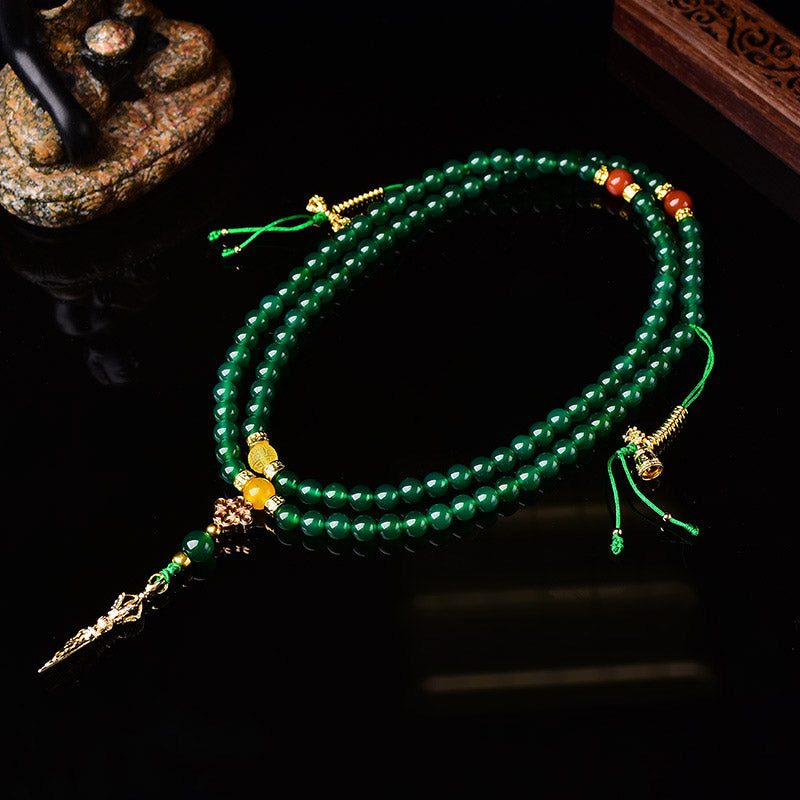 Buddha Stones 108 Perle Agata Verde Naturale Braccialetto Mala