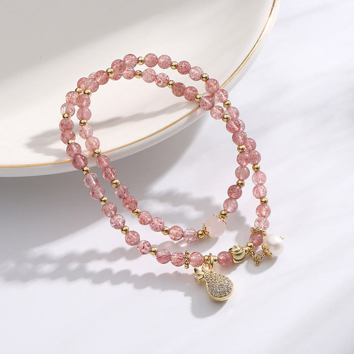 Braccialetto a doppio giro con ciondolo positivo Buddha Stones Strawberry Quartz Money Bag