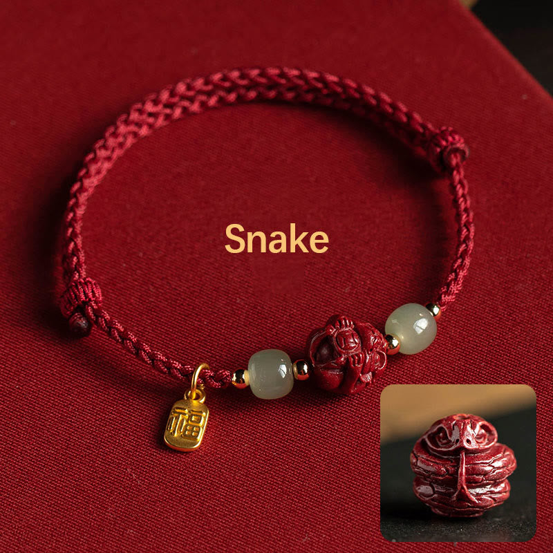 Buddha Stones , cinabro naturale, zodiaco cinese, giada Hetian, carattere Fu, braccialetto di corda della fortuna - Serpente (circonferenza del polso 14-18 cm) - image 5