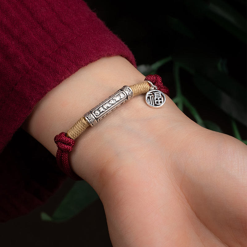 Buddha Stones 999 Sterling Silver Tibet Fatto a mano Om Mani Padme Hum Fu Carattere TopRank Carattere Fortuna Braccialetto Intrecciato - image 2