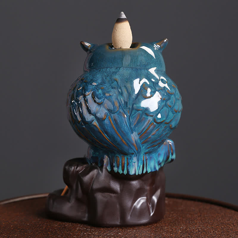 Buddha Stones Gufo carino Fontana di fumo a riflusso in ceramica Bruciatore di incenso Decorazione per meditazione