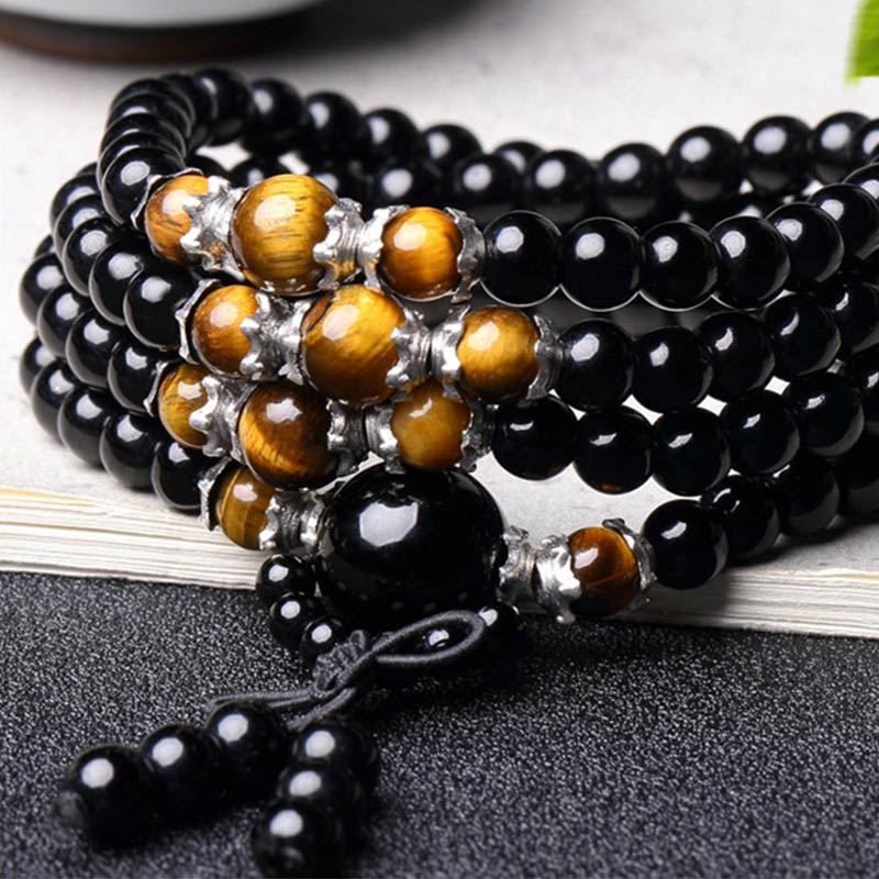 Buddha Stones Bracciale Mala con 108 perle in ossidiana nera naturale e occhio di tigre - image 7