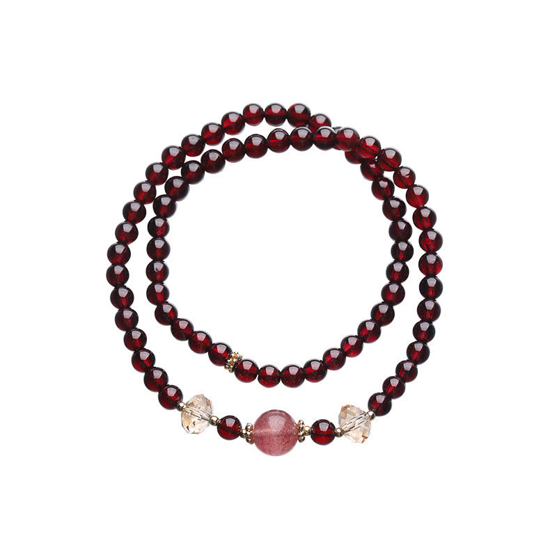 Bracciale Buddha Stones placcato oro 14K con quarzo fragola naturale e granato, stabilità a doppio giro