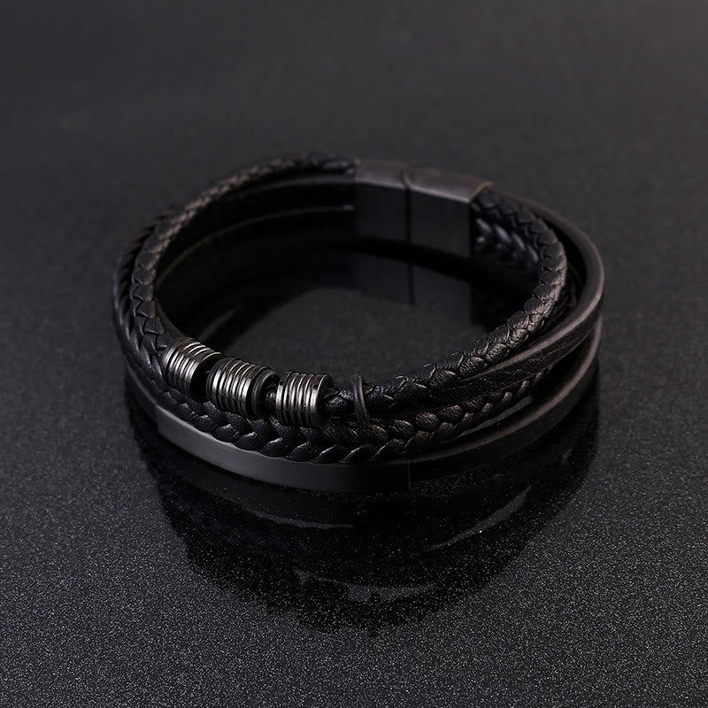 Bracciale con fibbia magnetica intrecciata in acciaio al titanio multistrato in pelle Buddha Stones