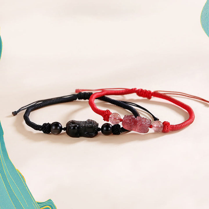 Braccialetto intrecciato di protezione PiXiu in quarzo fragola con ossidiana lucida in argento naturale fatto a mano Buddha Stones - image 4