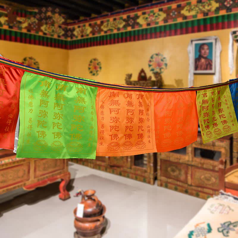 Buddha Stones Bandiera di preghiera tibetana a 7 colori con cavallo a vento e loto di buon auspicio per esterni, 21 pezzi. - image 1