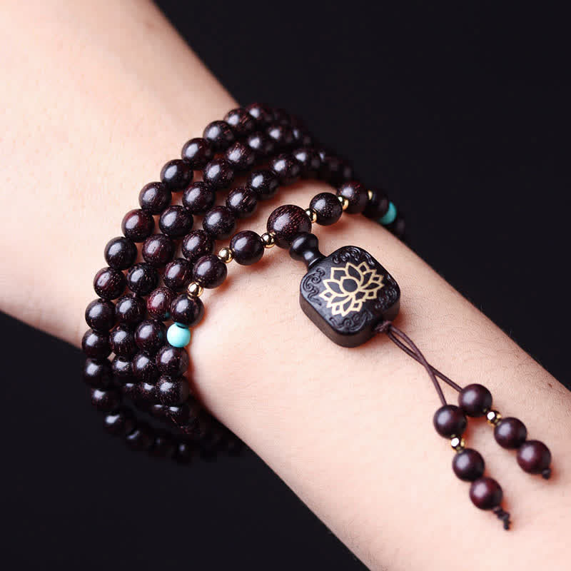 Buddha Stones 108 Mala Beads Tibetano Piccola Foglia Sandalo Rosso Braccialetto di Equilibrio di Loto - image 2