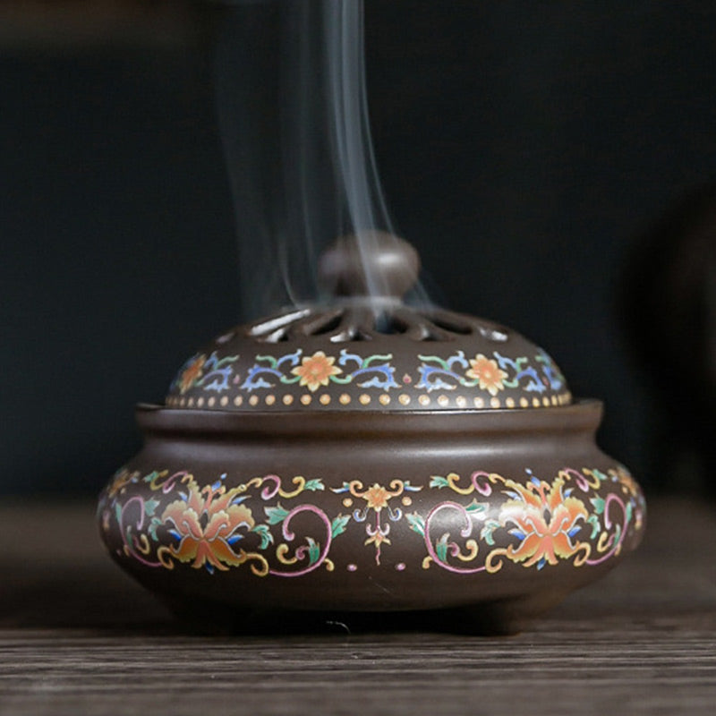 Bruciatore di incenso per meditazione in ceramica con motivo floreale a drago e fontana di fumo a riflusso