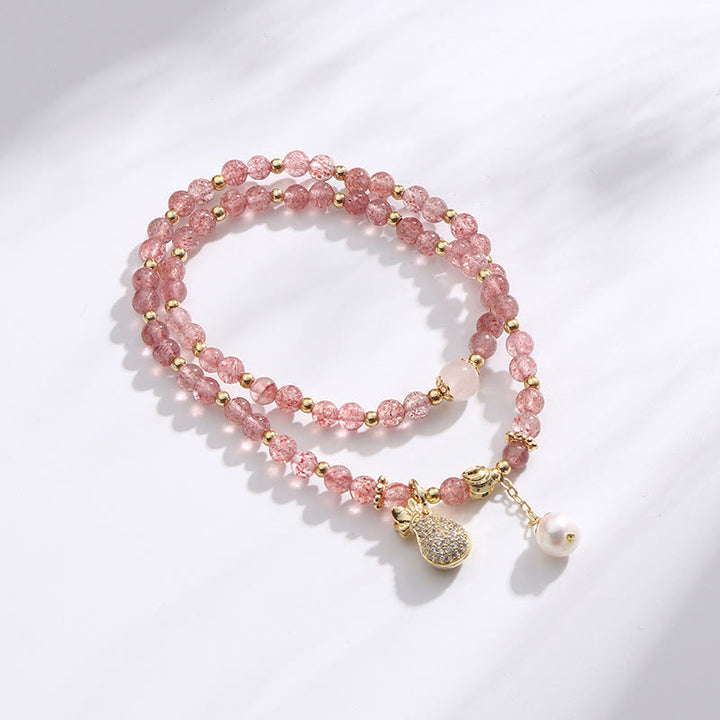Braccialetto a doppio giro con ciondolo positivo Buddha Stones Strawberry Quartz Money Bag