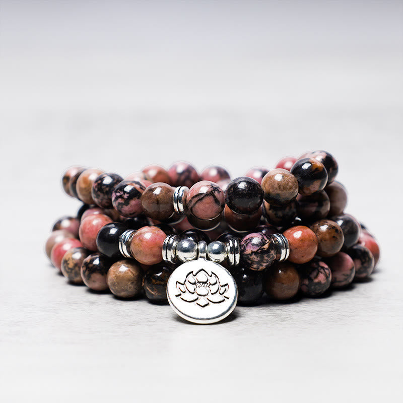 Buddha Stones 108 Mala Beads Rhodonite Lotus Compassion Energy Bracciale