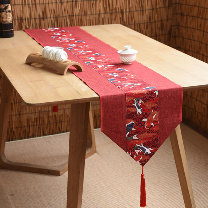 Buddha Stones Stile cinese classico Loto Koi Pesce Fiore Gru Calligrafia Illuminazione Cotone Lino Nappe Runner da tavolo