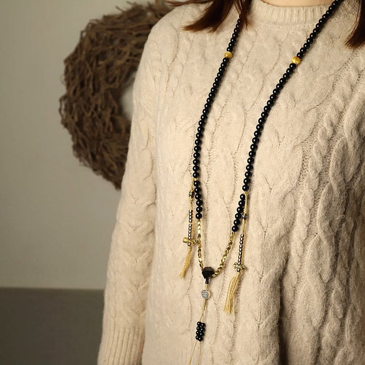 Buddha Stones Tibetano 108 Mala Beads Onice Nero Tre Occhi Dzi Beads Bracciale di Protezione - image 3
