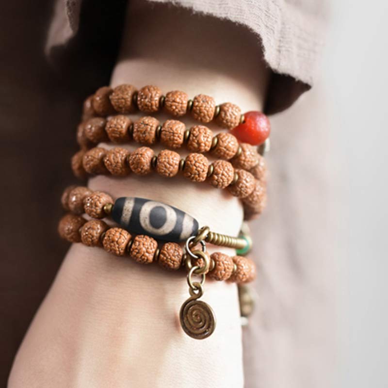 Buddha Stones 108 Mala Rudraksha Beads Bodhi Seed Dzi Bead Luck Auspiciousness Nappa Bracciale