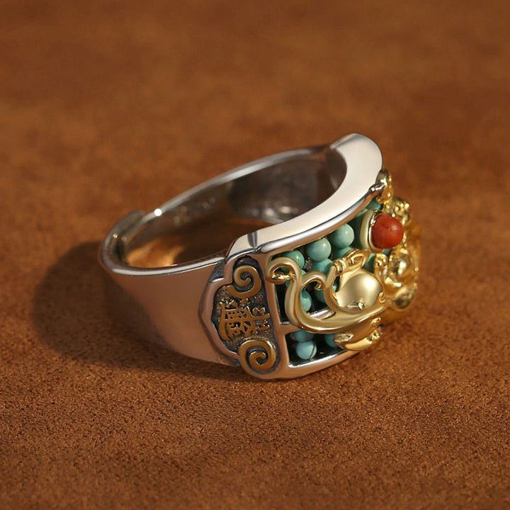Anello di protezione PiXiu Abacus in argento sterling 925 Buddha Stones e agata rossa turchese - image 10