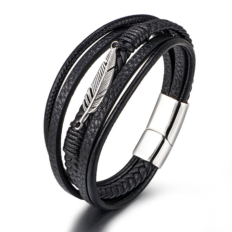 Bracciale con fibbia magnetica intrecciata in acciaio al titanio e pelle multistrato con motivo a piume Buddha Stones