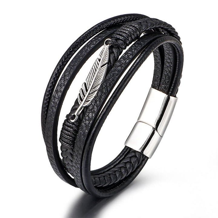 Bracciale con fibbia magnetica intrecciata in acciaio al titanio e pelle multistrato con motivo a piume Buddha Stones