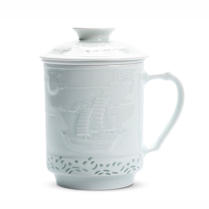 Buddha Stones Jingdezhen Linglong Porcellana Drago di Buon Auspicio Barca Fenice Navigazione Liscia Tazza da Tè in Ceramica Tazze da Tè da Ufficio 420ml