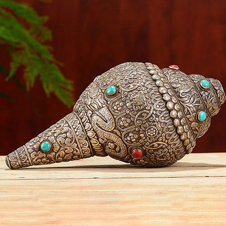 Tibetano fatto a mano naturale Shankha inciso otto simboli di buon auspicio conchiglia fortunata decorazione per la casa - image 4